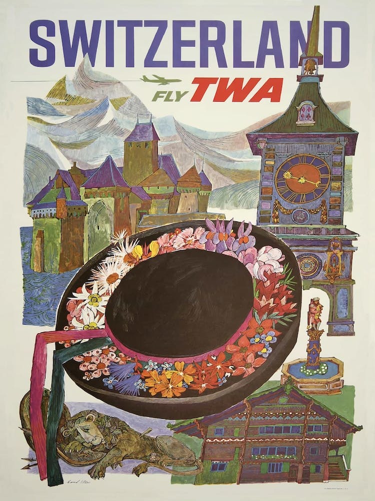 Fly Twa Switzerland Poster David Klein 1960s