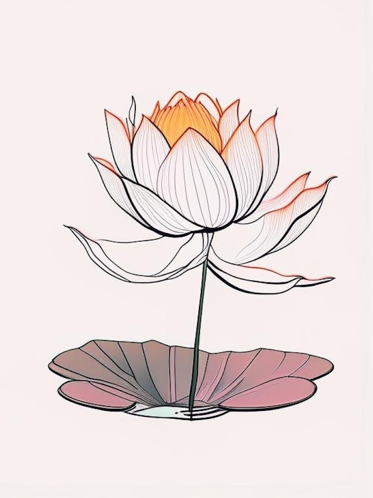 Blooming Lotus Flower In Pond Minimal Line Drawing 6