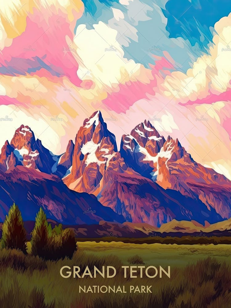 Grand Teton National Park Travel Poster Illustration Style