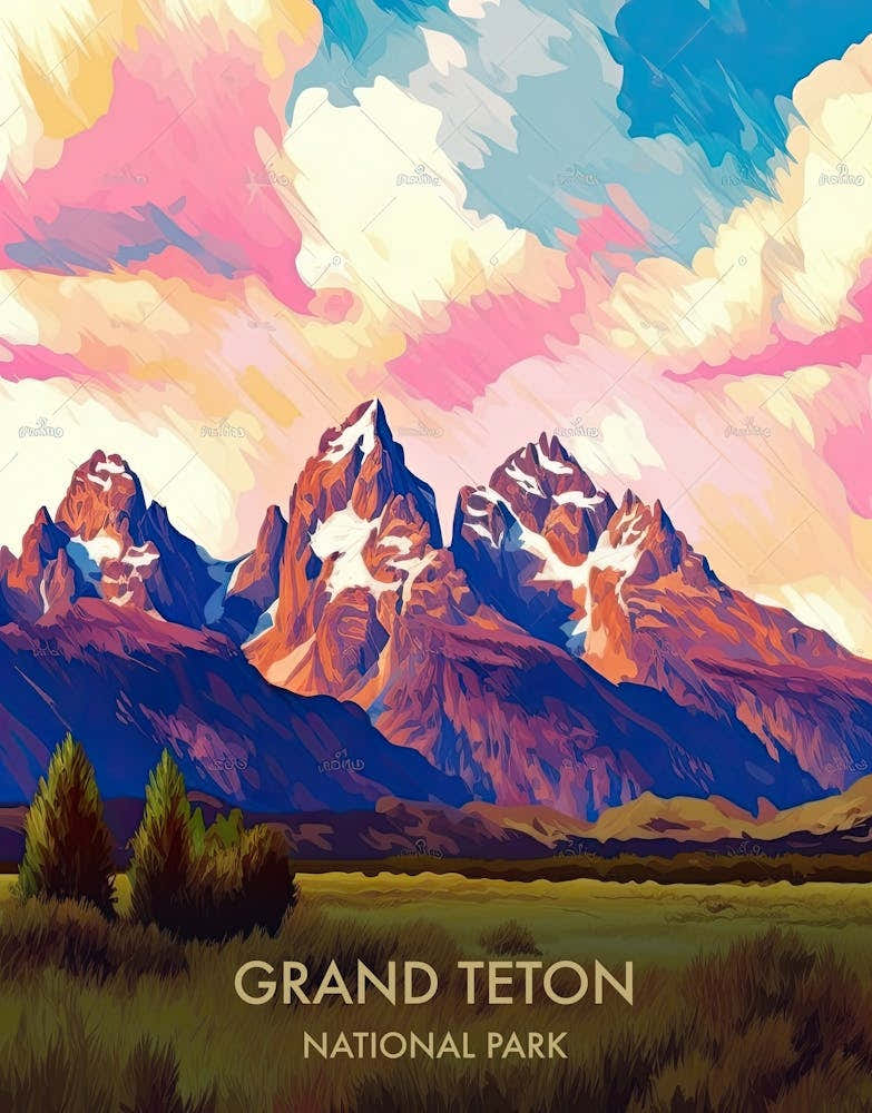 Grand Teton National Park Travel Poster Illustration Style