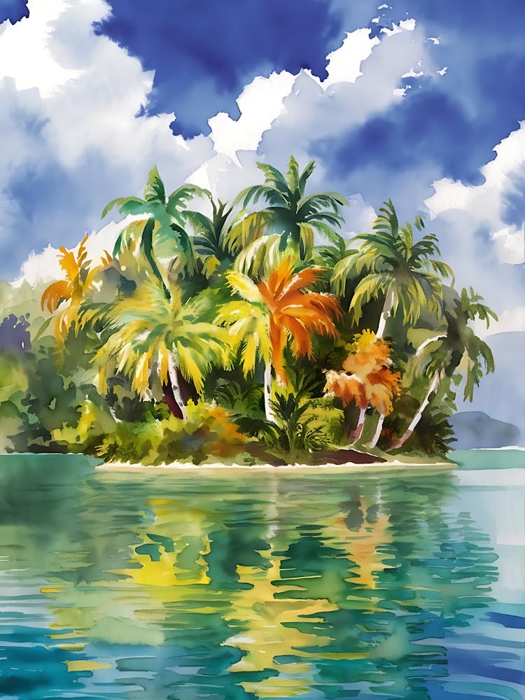 Watercolor Tropical Island With Palm Trees