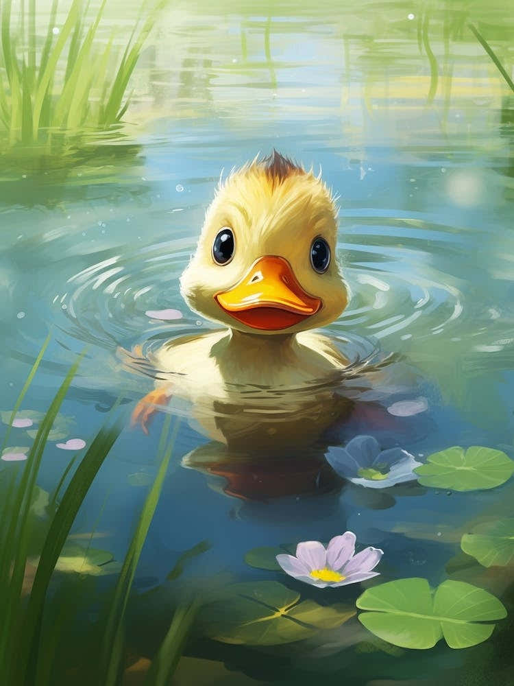 Cute Cartoon Duckling Swimming In The Pond 4