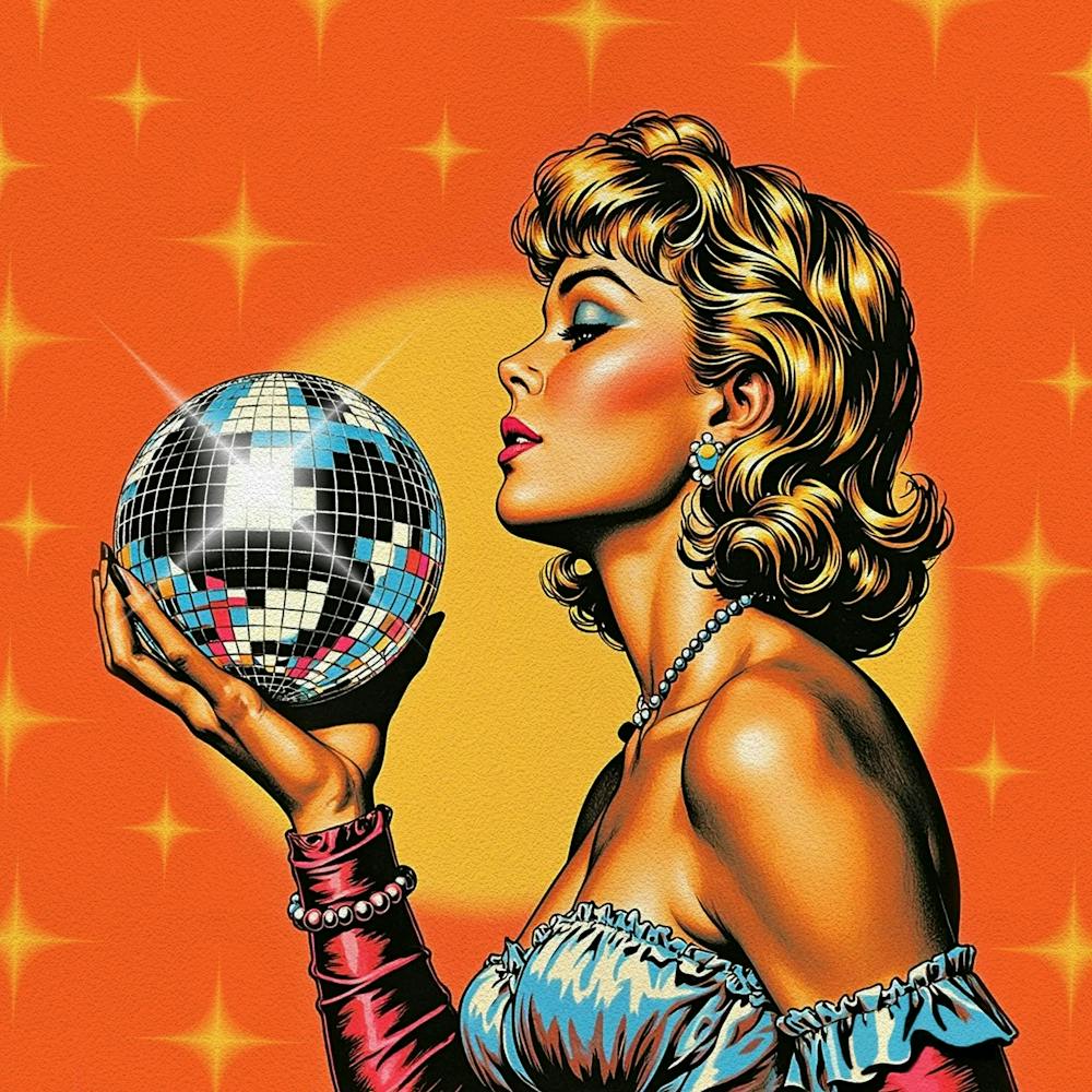 A Woman Holding A Disco Ball, Andy Warhol Style