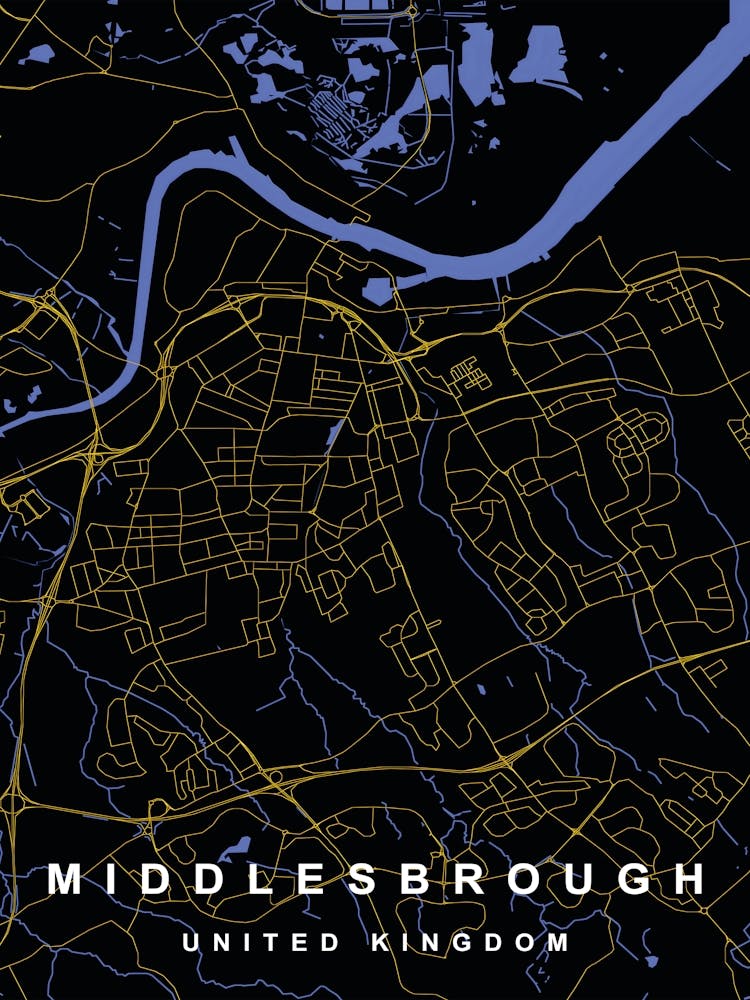 Middlesbrough Stadtkarte Schwarz und Gold