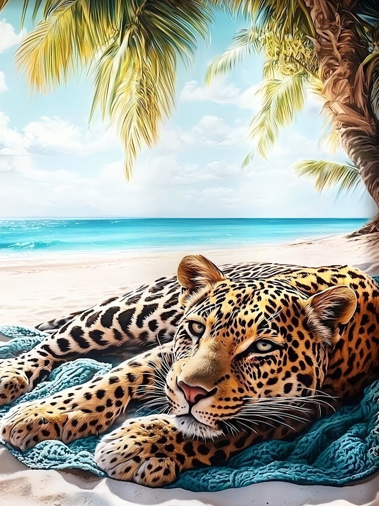 Maximalist Leopard On The Beach Print, Coastal Beach Art Tropical Art, Cheetah Poster, Dorm Decor, Leopard Wall Art, Leopard Gift Lovers