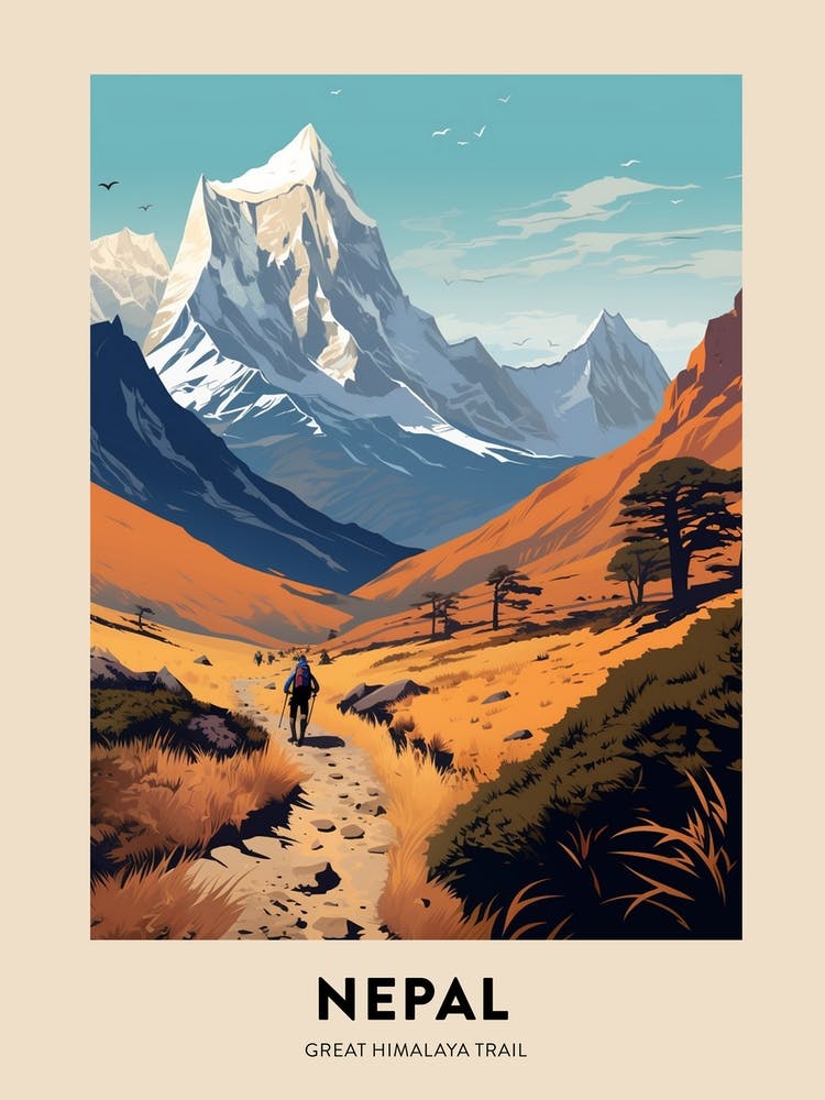Great Himalaya Trail Nepal 1 Vintage Hiking Travel Poster