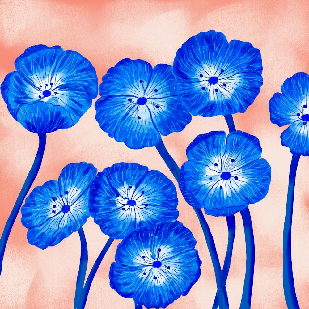 Indigo Blue Flowers Living Room