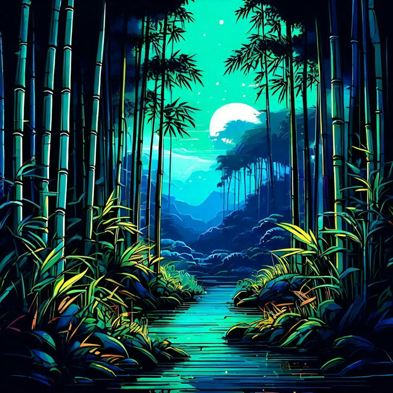 Tranquil Bamboo Forest Neon Line Art Style Vivid Colors Of Jade And Lemon Dark Background (1)