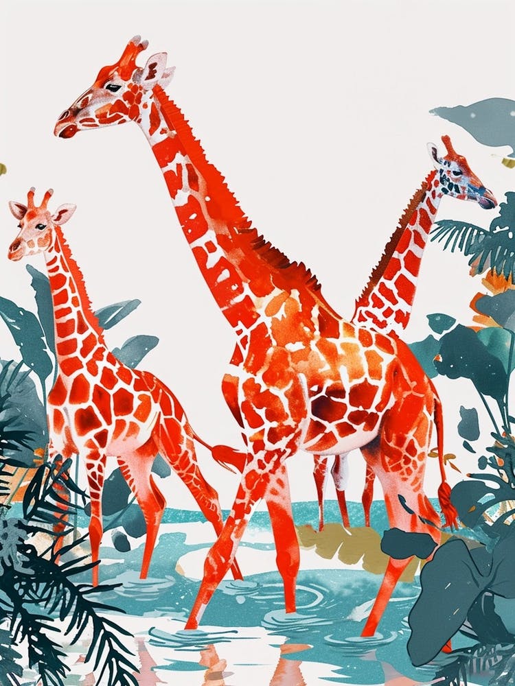 Herd Of Giraffe In The Water Watercolour 4