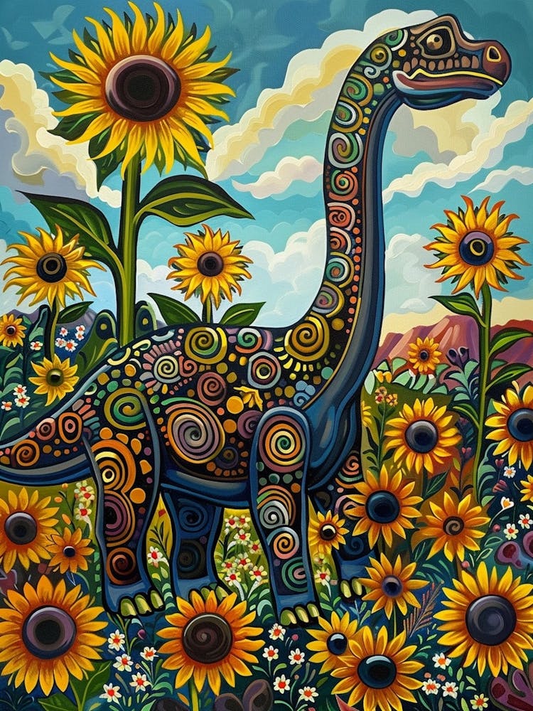 Dinosaur In A Sunflower Field Landscape Painting 2