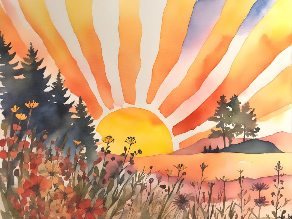 Sunset In the Mountains, Boho Landscape, Wildflowers 1