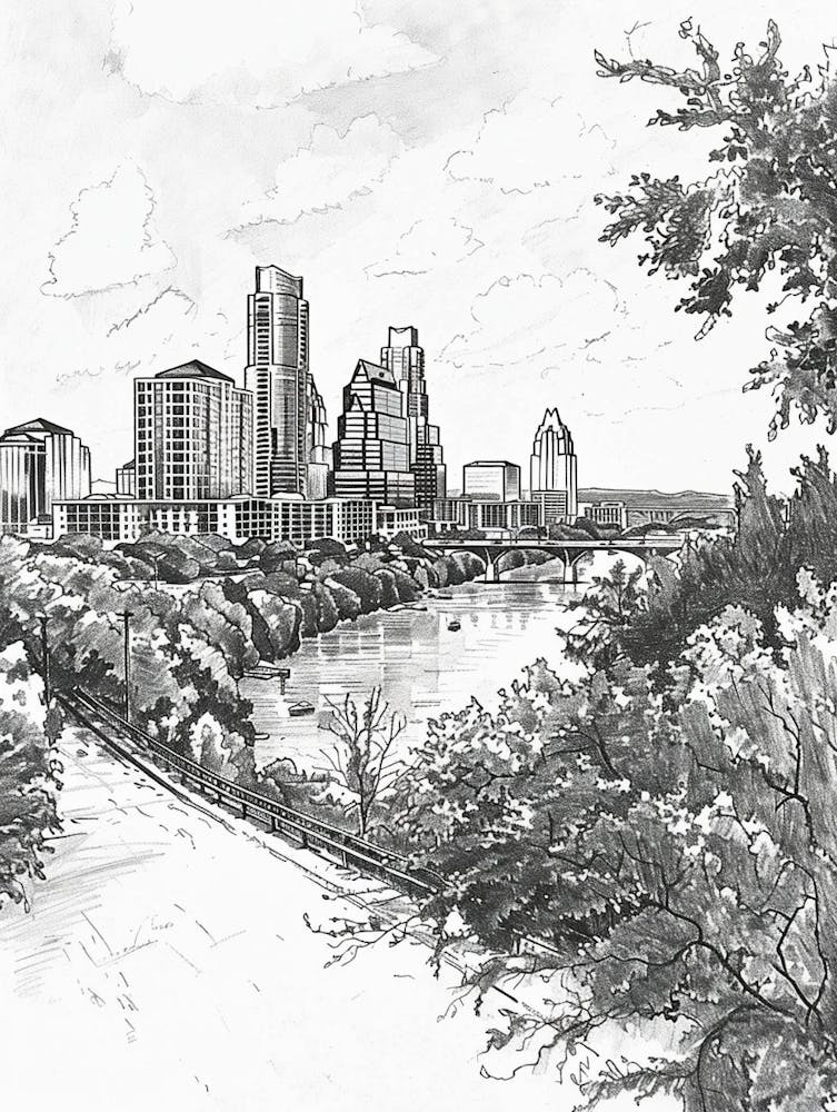 Skyline Austin Texas Black And White Drawing 2
