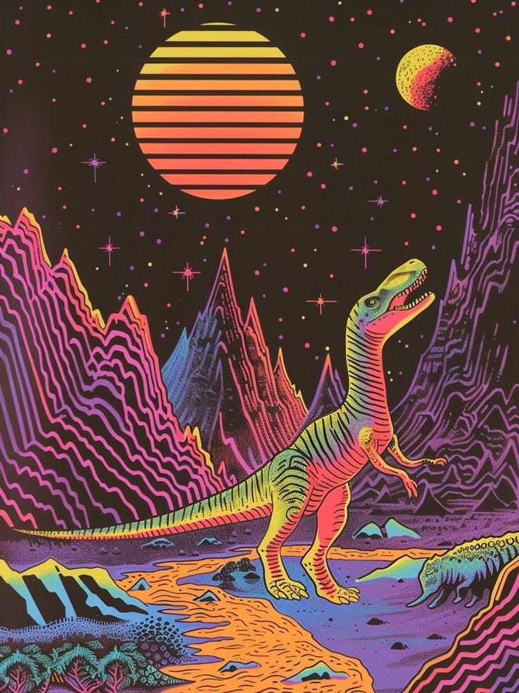 Neon Dinosaur At Night In Jurassic Landscape 1