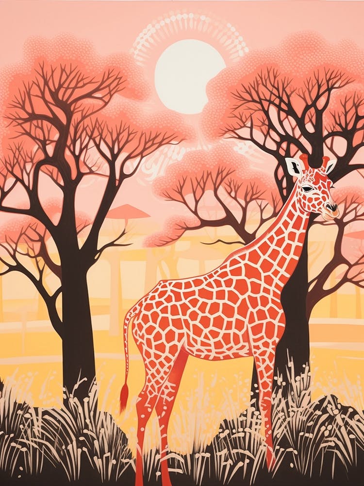 Giraffe In The Trees & Grass At Sunrise 