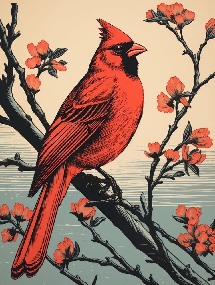 Vintage Bird Linocut Northern Cardinal 1