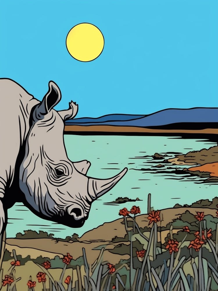 Rhino At Dawn By The River