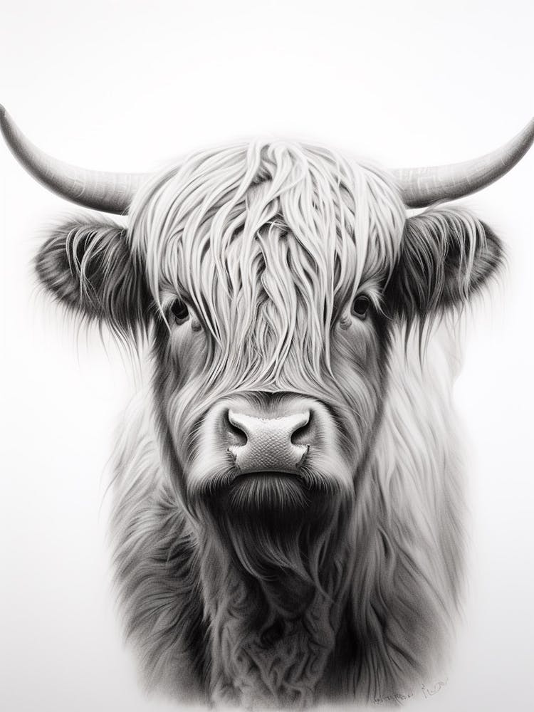 Black & White Illustration Of Highland Cow Portrait
