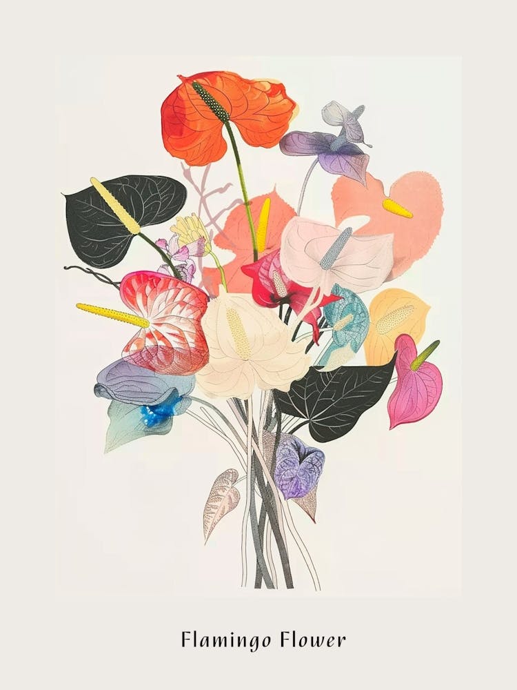 Flamingo Flower 2 Collage Flower Bouquet Poster