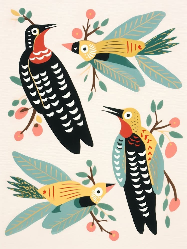 Folk Style Bird Painting Woodpecker 2