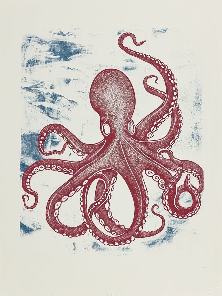 Octopus In The Ocean With Coral Linocut Inspired 2