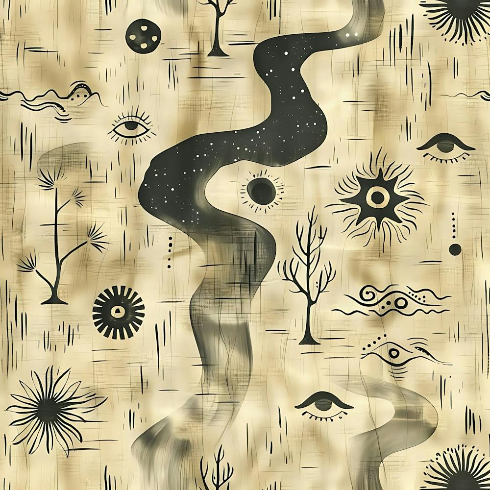 Abstract Beige Textile Design With River Eyes Stars And Trees