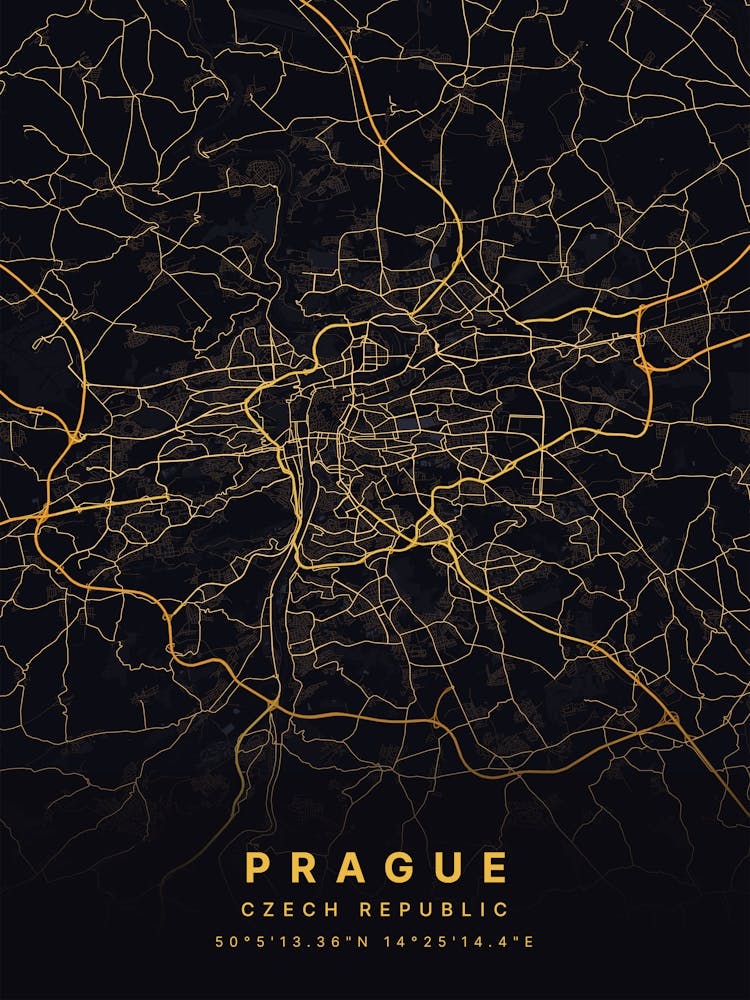 Prague Czech Republic Black And Gold Map
