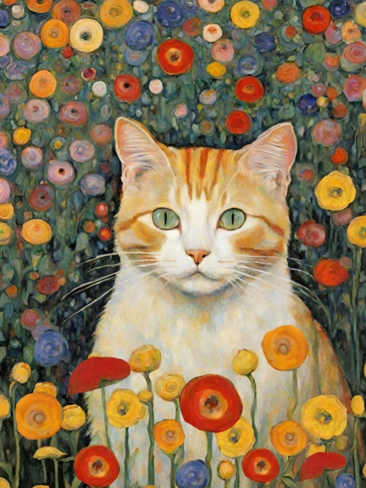 Cat In A Flower Field Klimt Style
