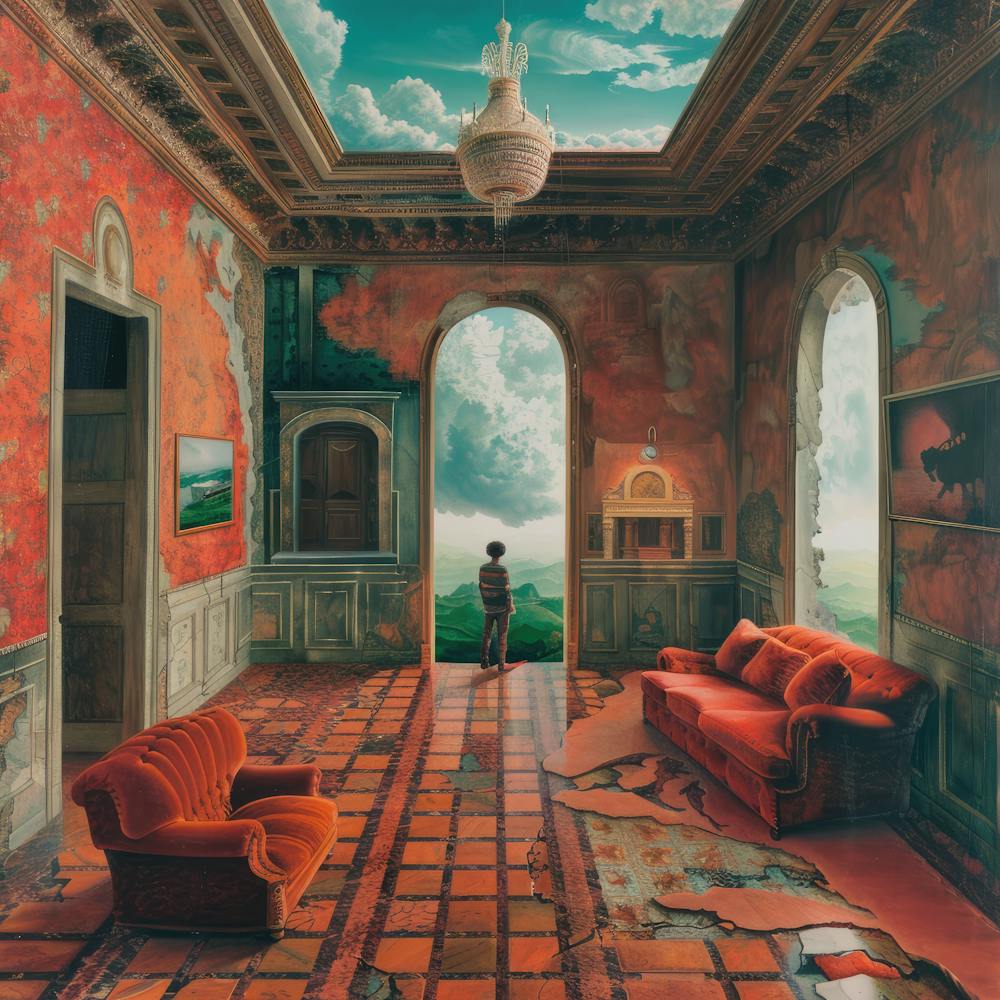 The Curious Scale of Perception. Surrealist Roomscape.