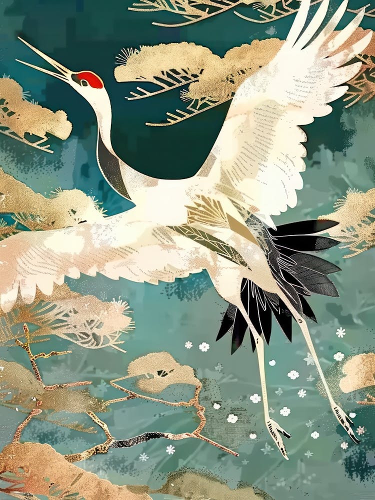 Peinture Grues Blanches Effet Or Bleu Collage 5