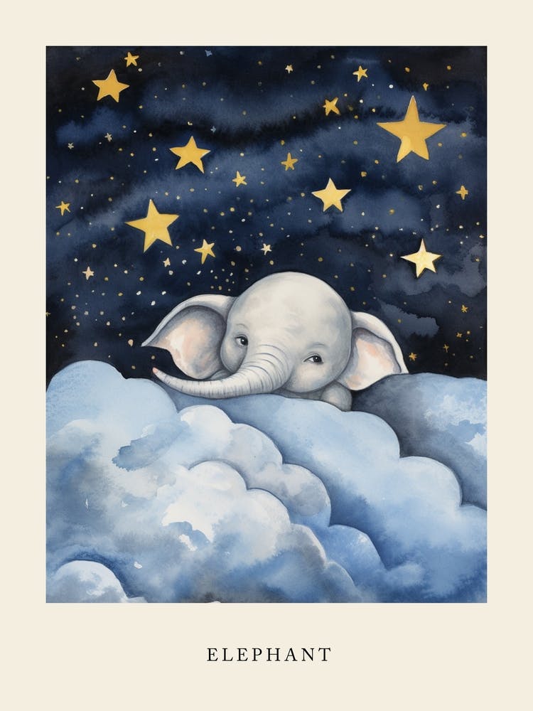 Baby Elephant 5 Sleeping In The Clouds Nursery Poster