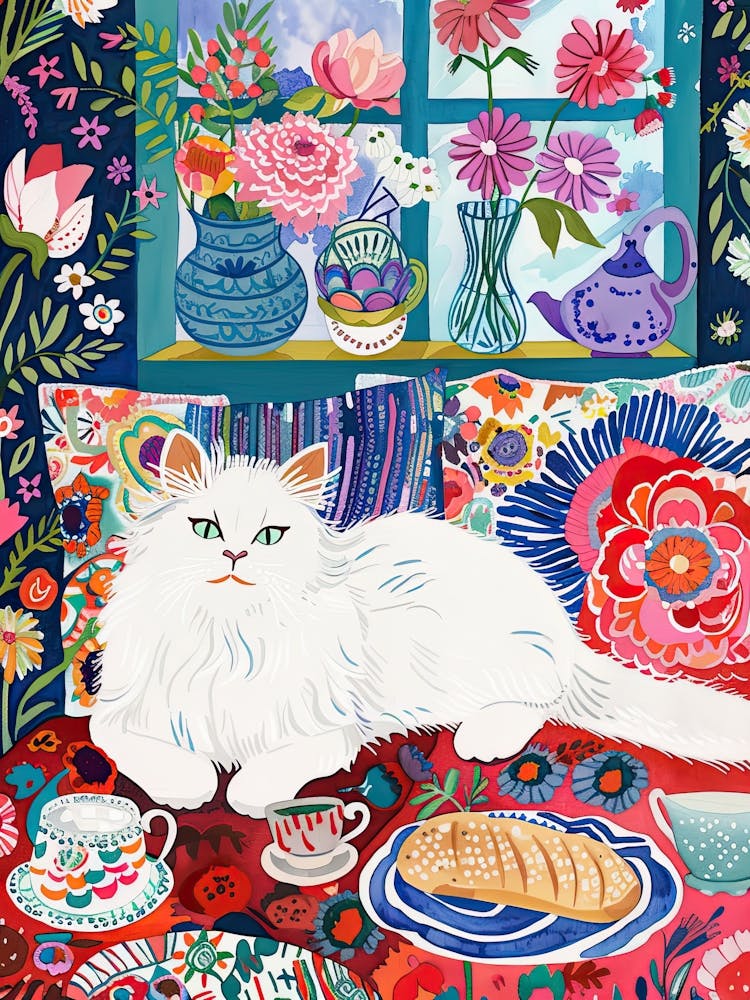 Tea Time With A White Fluffy Cat 3