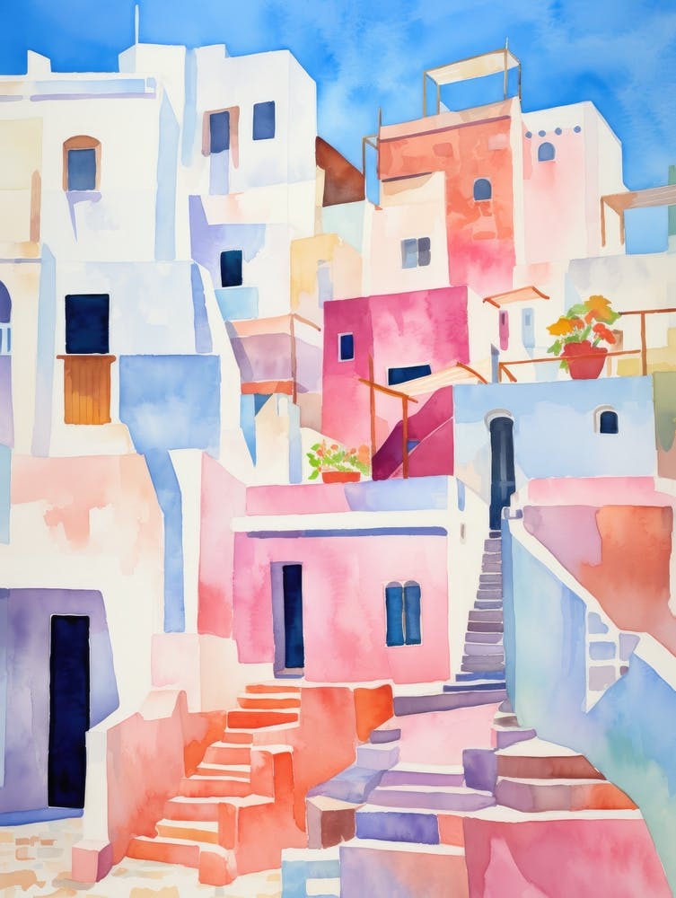 Santorini Watercolor Painting