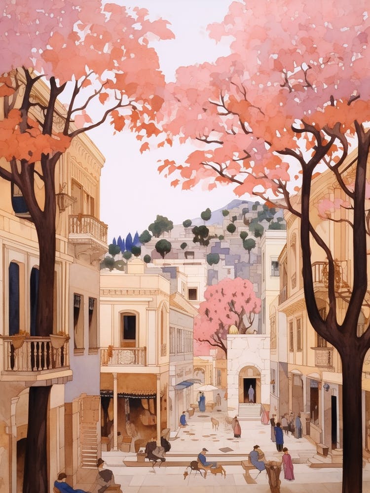 Izmir Turkey 3 Vintage Pink Travel Illustration