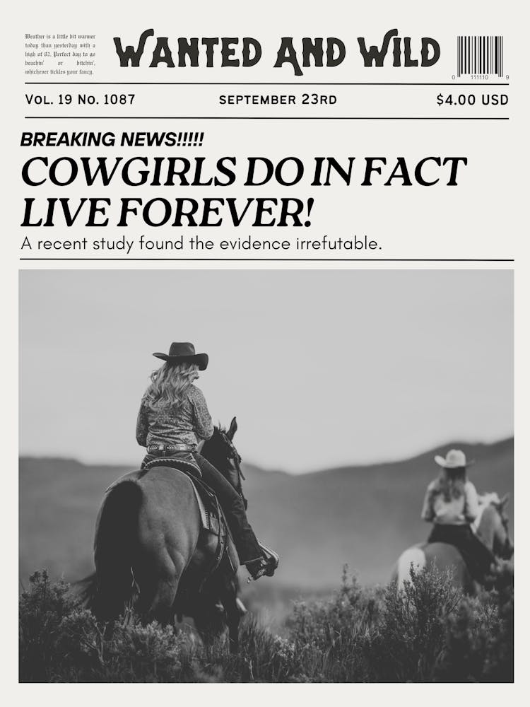 Cowgirls Live Forever| Trendy Retro Vintage Western Newspaper