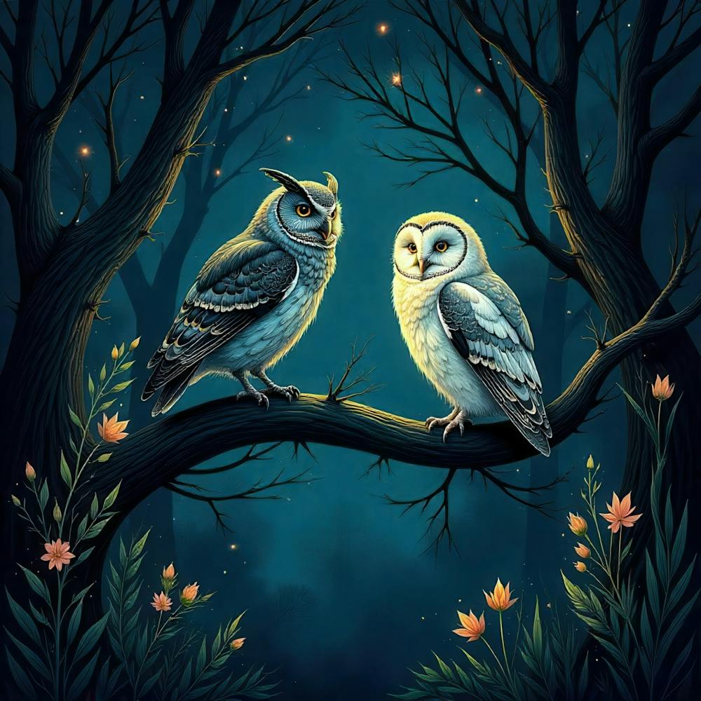 Two Owls In The Forest