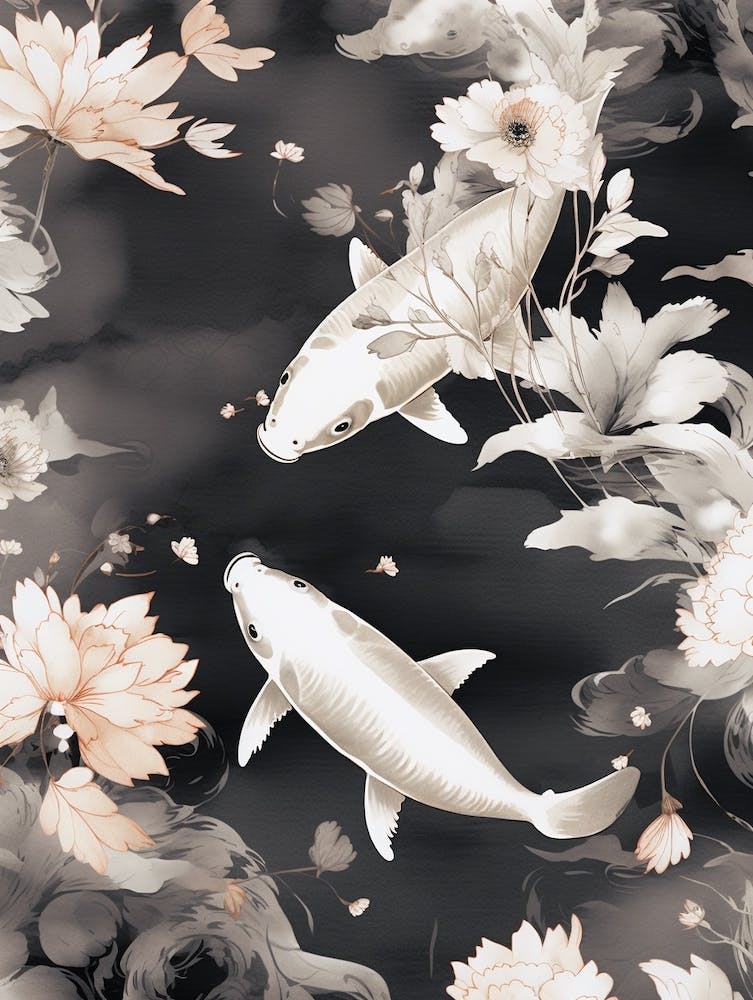 Black And White Koi Fish Watercolour With Botanicals 2
