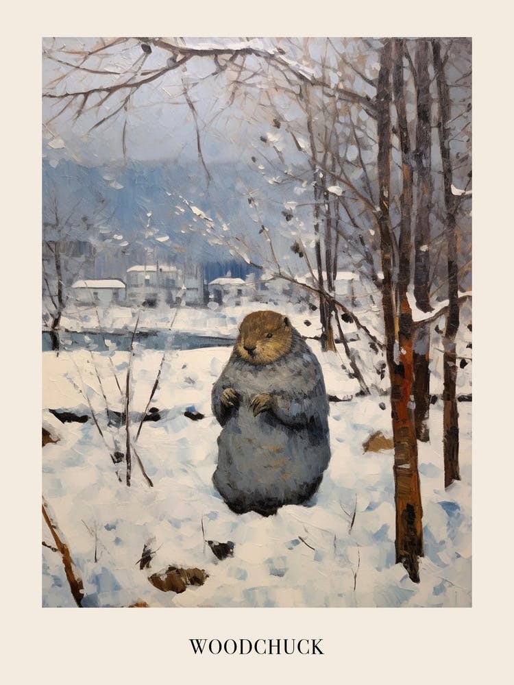 Vintage Winter Animal Painting Poster Woodchuck 1