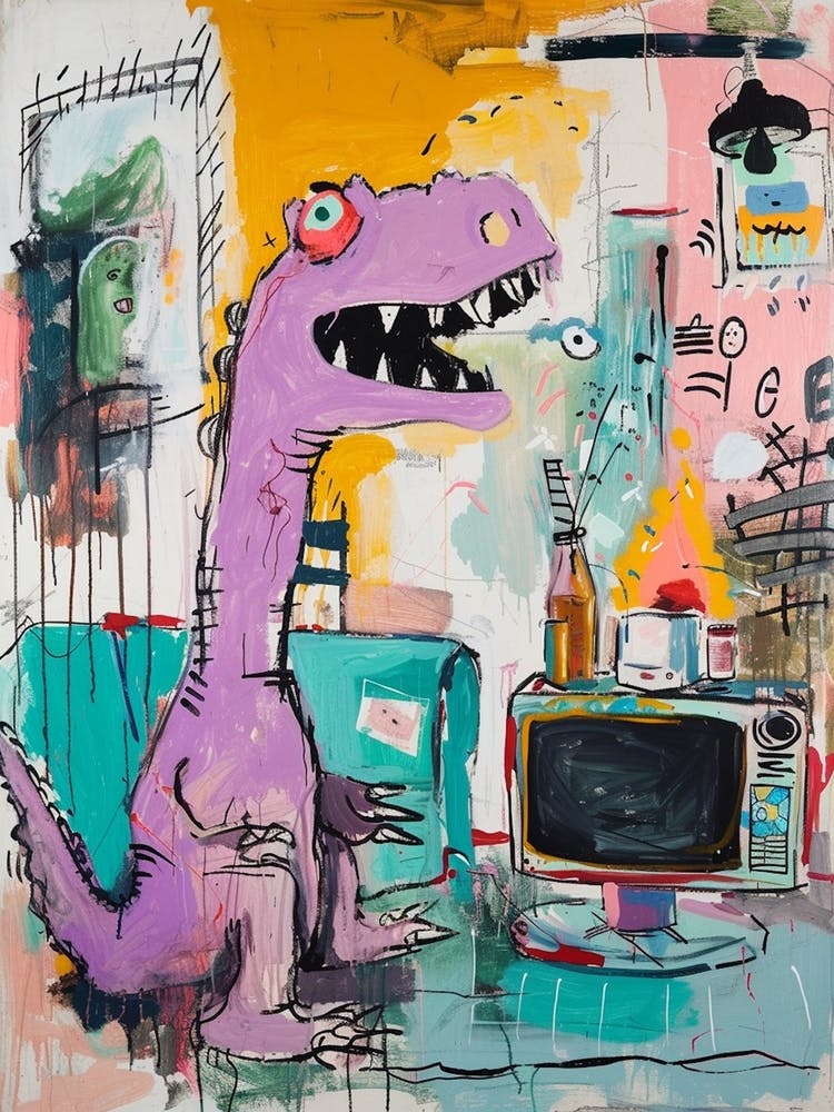 Dinosaur Watching Tv Purple Graffiti Brushstroke