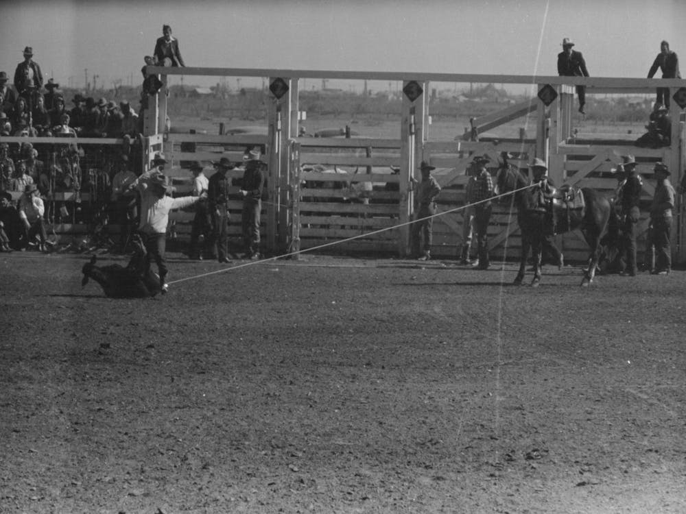Unbetiteltes Foto, möglicherweise bezogen auf einen Cowboy, der absteigt, um ein Kalb zu werfen und zu fesseln, das er von seinem Pferd aus gefangen hat