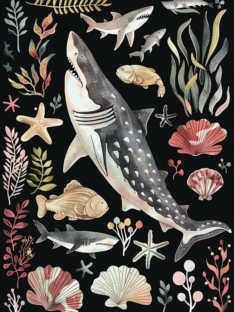 Largetooth Cookiecutter Shark Seascape Black Background Illustration 2