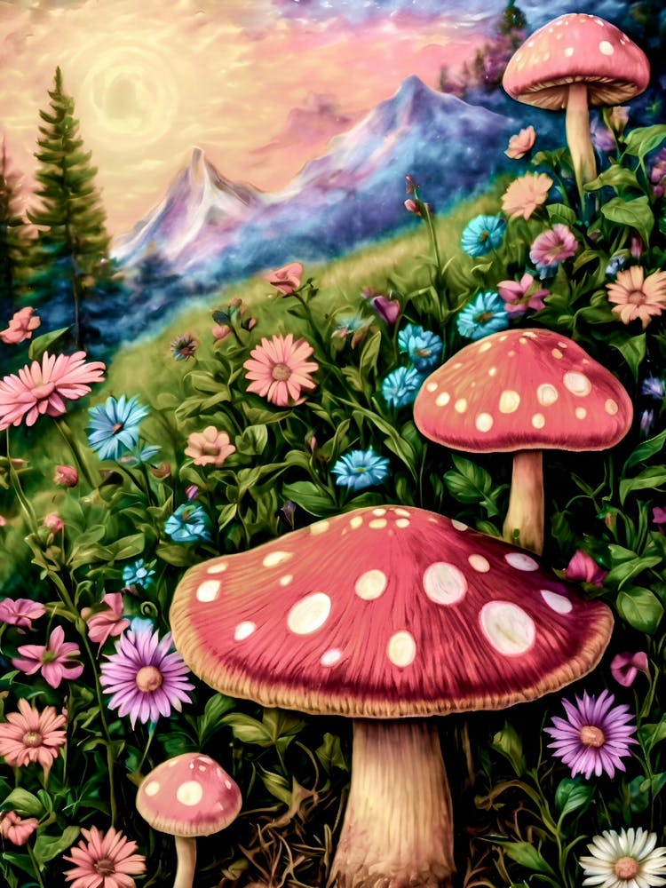 Mushrooms In The Meadow ~ Hippie Red Toadstools Flower Power By Free Spirits and Hippies Official Wall Decor Artwork Hippy Bohemian Meditation Room Typography Groovy Trippy Psychedelic Boho Yoga Chick Gift For Her