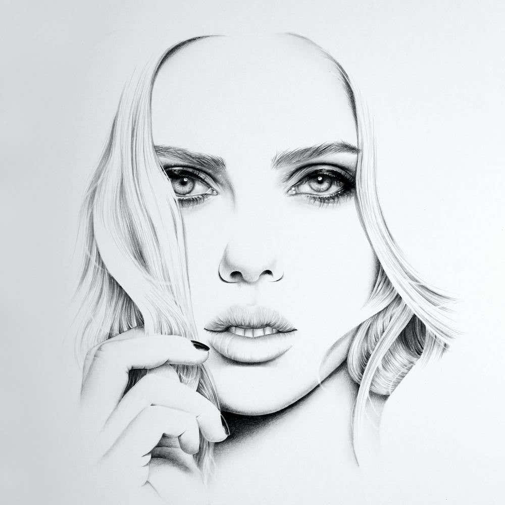 Scarlett Johansson Pencil Drawing Portrait Minimal Black and White