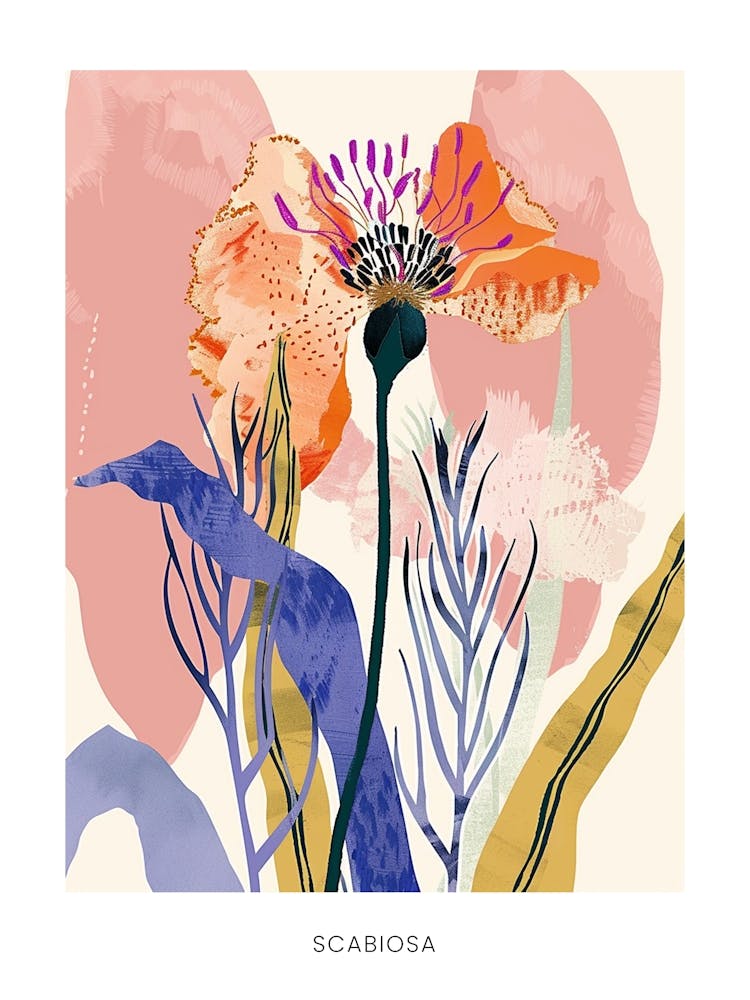 Colourful Flower Illustration Poster Scabiosa 4