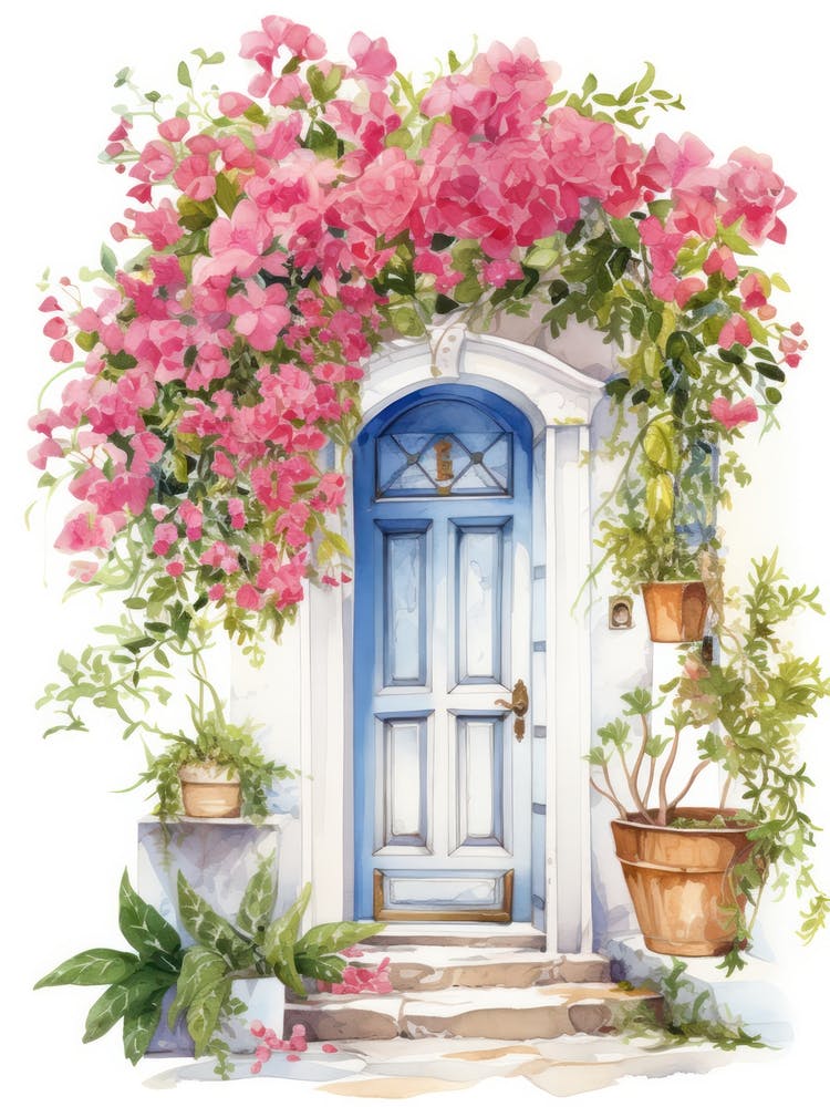 Santorini, Greece   Mediterranean Doors Watercolour Painting 5