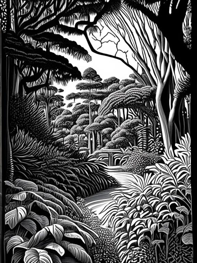 Keirunga Gardens, New Zealand Linocut Black And White Vintage