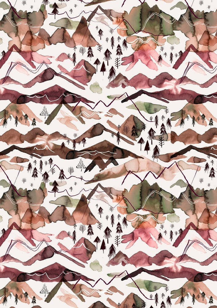 Watercolor Mountains Red Green Red