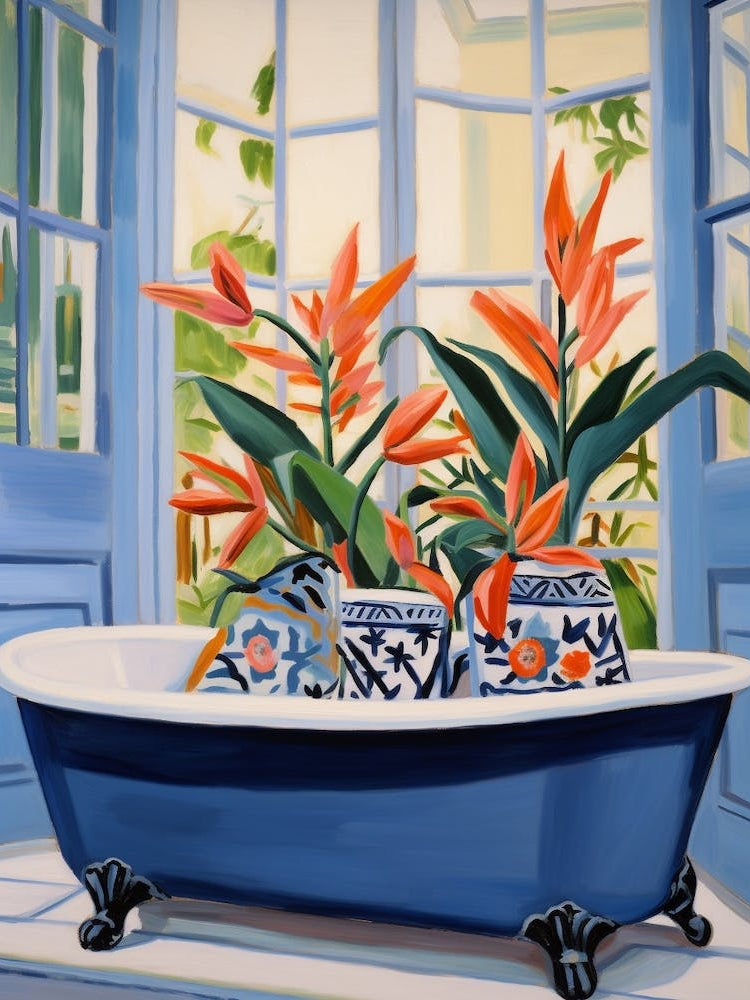 A Bathtube Full Of Bird Of Paradise In A Bathroom 2