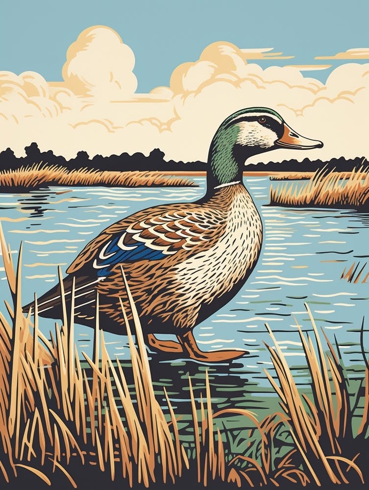 Linogravure d'Oiseau Vintage Canard Colvert 3
