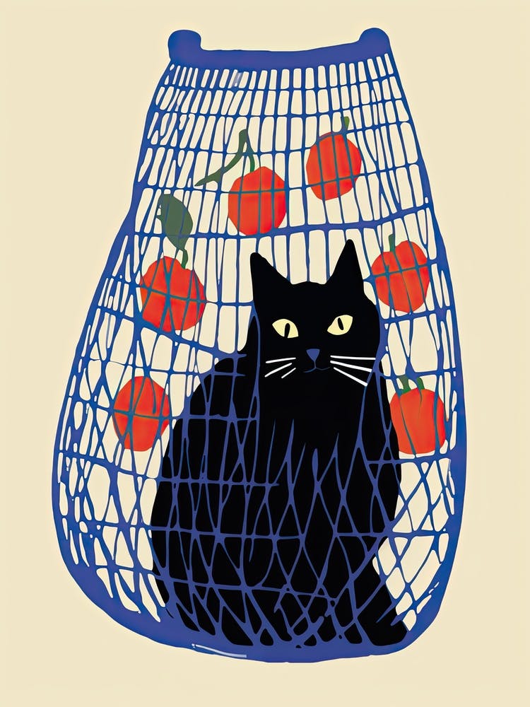 A Black Cat In A Blue Bag With Oranges