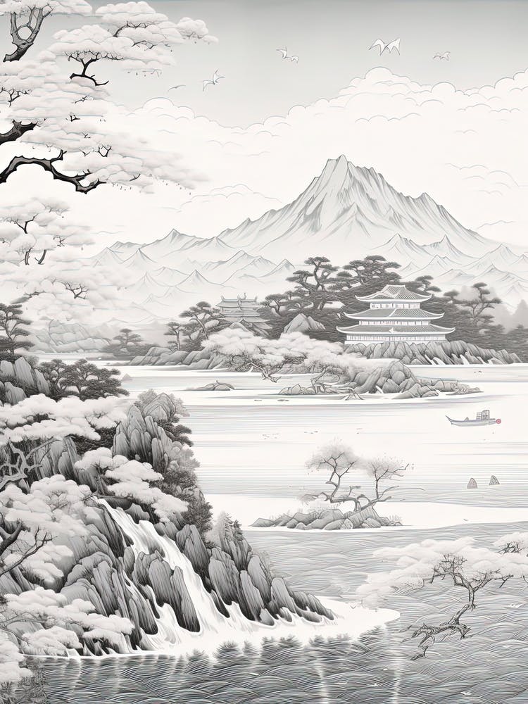 The Ogasawara Islands In Tokyo, Ukiyo E Black And White Line Art Drawing 2